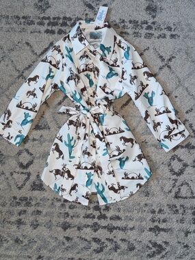 White Kids Robe with Teal Cactus & Brown Horse Print